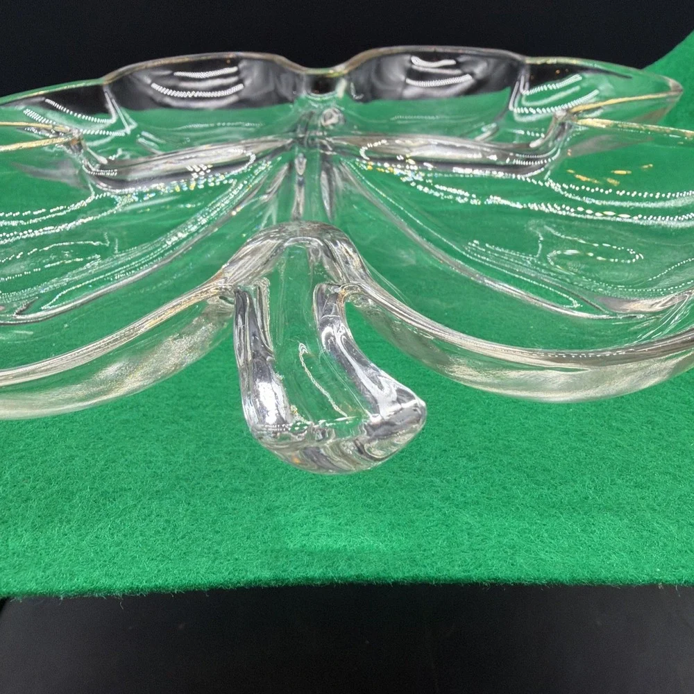 Jeannette Clear Glass w/ Gold Trim: 4-Leaf Clover Divided Relish Dish